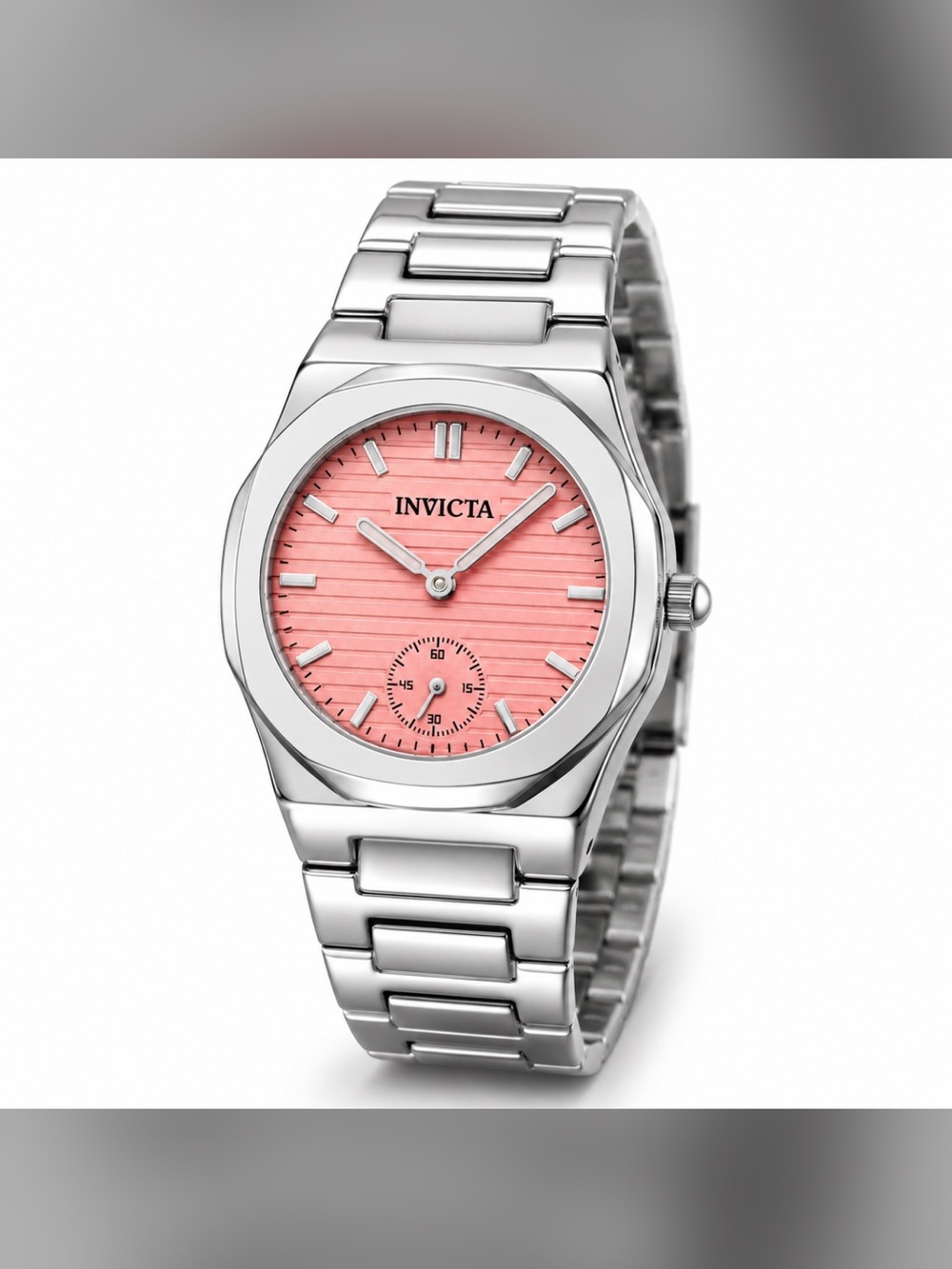 Invicta Silver Stainless Steel Watch with Pink Dial